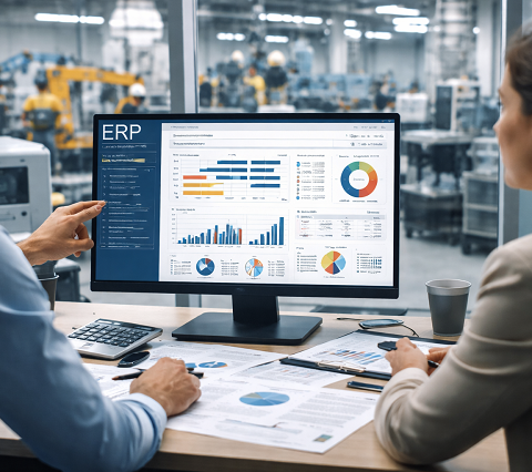 Responsable industriel analysant un tableau de bord ERP depuis un bureau avec vue sur l’atelier de production