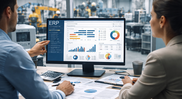 Responsable industriel analysant un tableau de bord ERP depuis un bureau avec vue sur l’atelier de production