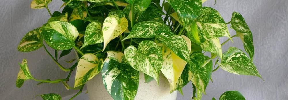 Une Pothos plante grimpante fixée au mur d'un salon, encadrant des cadres photos vides sur un mur gris clair