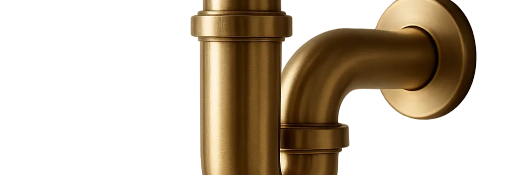 Un siphon en laiton élégant installé sous un lavabo, illustrant la durabilité et la propreté de l’installation. L’image évoque une solution fiable contre les bouchons et les mauvaises odeurs.