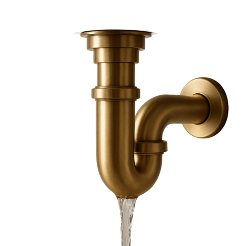 Un siphon en laiton élégant installé sous un lavabo, illustrant la durabilité et la propreté de l’installation. L’image évoque une solution fiable contre les bouchons et les mauvaises odeurs.