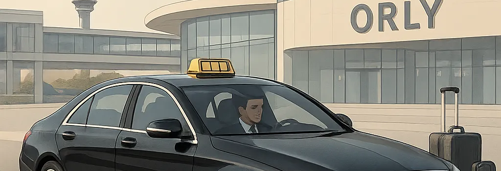 Illustration d’un transfert premium entre Massy et Orly, avec un taxi confortable et un chauffeur professionnel. L’image évoque la ponctualité, la simplicité et le voyage sans stress.