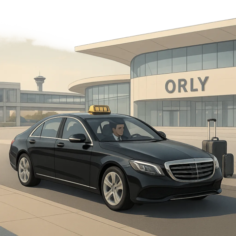 Illustration d’un transfert premium entre Massy et Orly, avec un taxi confortable et un chauffeur professionnel. L’image évoque la ponctualité, la simplicité et le voyage sans stress.