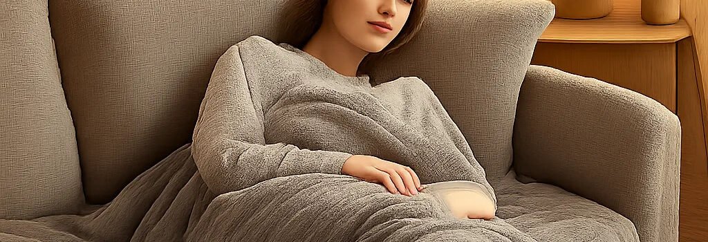 Une scène chaleureuse illustrant l’usage d’une couverture chauffante pour favoriser le confort et la récupération. L’ambiance met en avant la détente après l’effort ou face au froid.