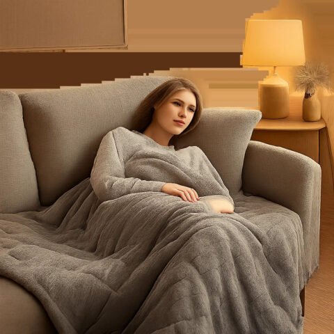 Une scène chaleureuse illustrant l’usage d’une couverture chauffante pour favoriser le confort et la récupération. L’ambiance met en avant la détente après l’effort ou face au froid.