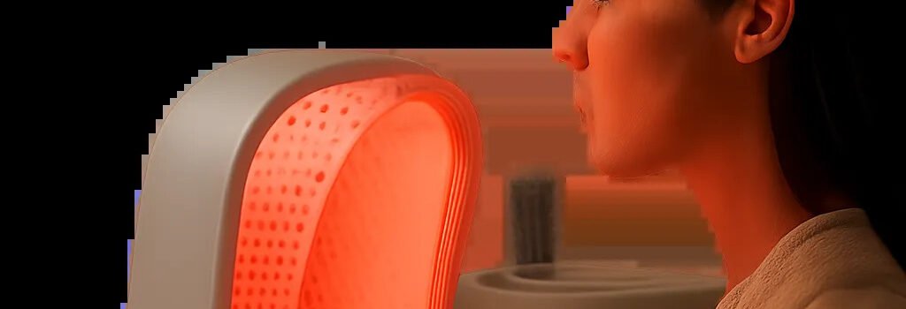 Une scène premium et minimaliste illustrant l’usage d’un appareil de lumière rouge pour le visage. L’ambiance évoque le soin à domicile, la simplicité d’usage et la crédibilité scientifique.