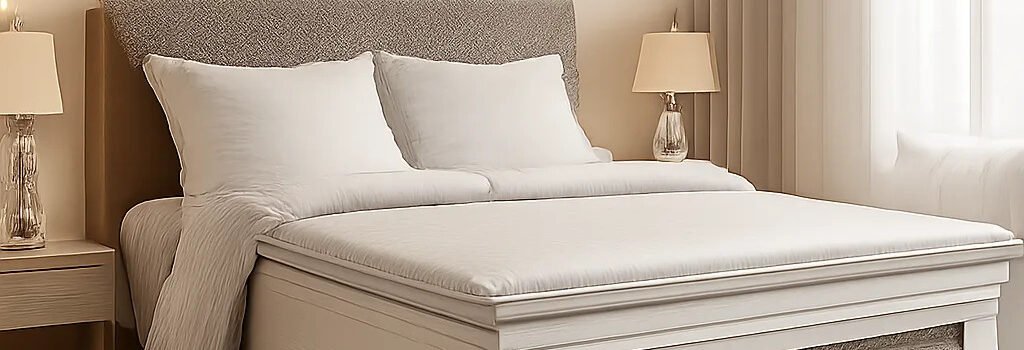 Illustration d’un matelas hybride haut de gamme dans une chambre contemporaine et apaisante. L’image évoque le confort, le soutien et la respirabilité sans surcharge visuelle.