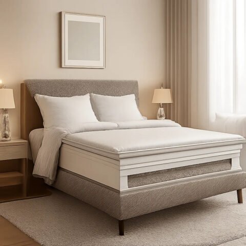 Illustration d’un matelas hybride haut de gamme dans une chambre contemporaine et apaisante. L’image évoque le confort, le soutien et la respirabilité sans surcharge visuelle.