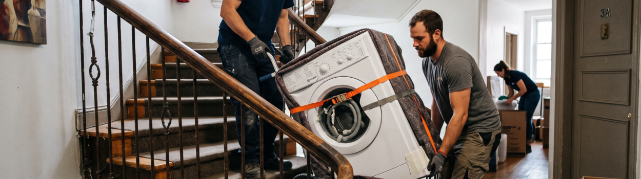 Personne qui déménage une machine à laver.