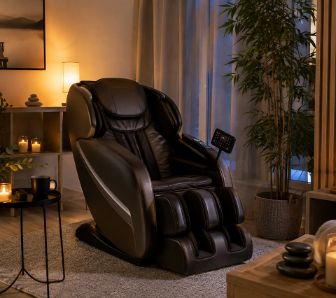 Fauteuil de massage installé dans un espace bien-être chaleureux et relaxant