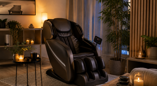 Fauteuil de massage installé dans un espace bien-être chaleureux et relaxant