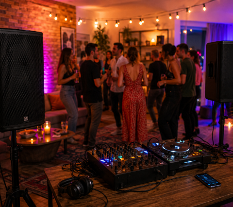 Enceintes et matériel hi-fi installés dans un salon pour sonoriser une soirée entre amis