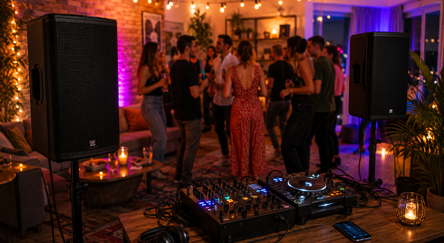 Enceintes et matériel hi-fi installés dans un salon pour sonoriser une soirée entre amis