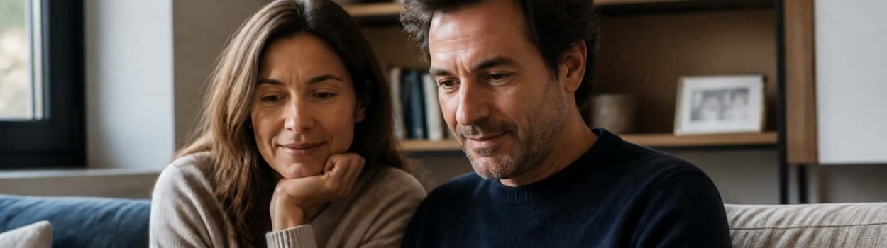 Un couple d'âge moyen assis sur un canapé, regardant un ordinateur portable et discutant, avec une bibliothèque en arrière-plan.