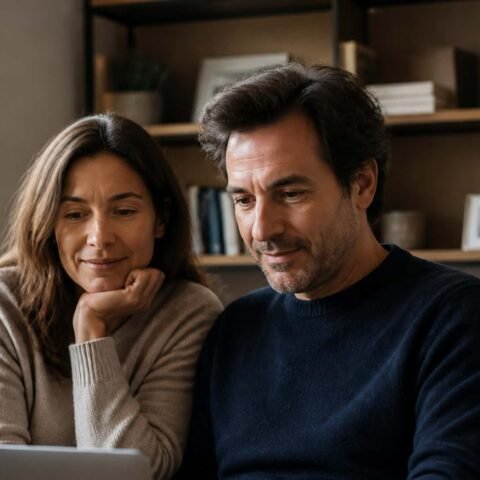 Un couple d'âge moyen assis sur un canapé, regardant un ordinateur portable et discutant, avec une bibliothèque en arrière-plan.