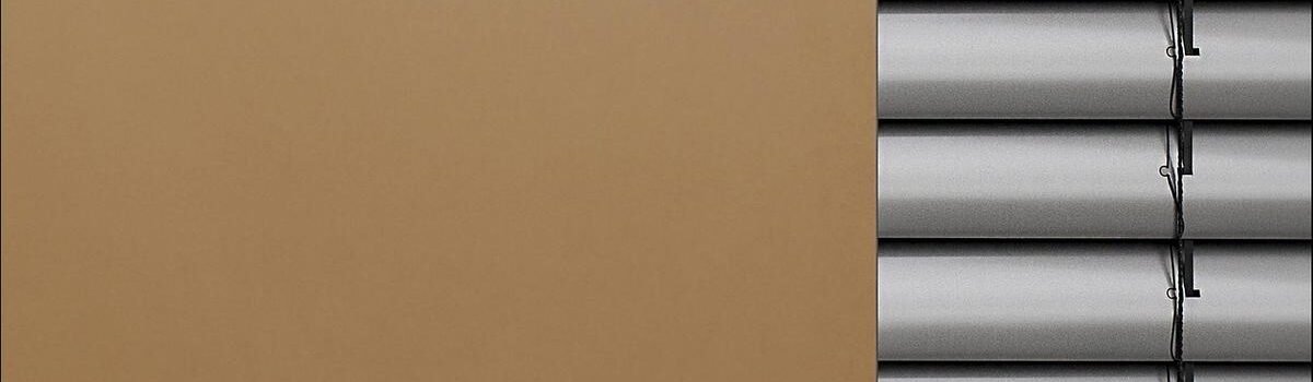 Un mur beige à gauche et des volets métalliques horizontaux à droite