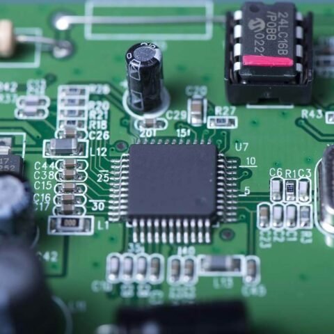 Photo d'un circuit imprimé avec microprocesseur, condensateurs, résistances et autres composants électroniques