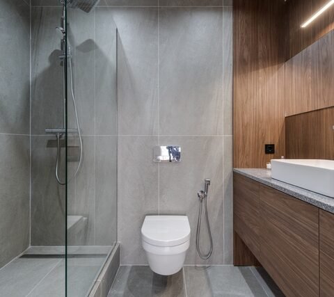 Salle de bain moderne avec douche à l'italienne et finitions continues, espace type pour une application de béton ciré en zone humide