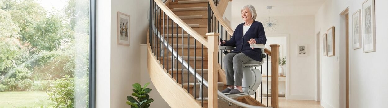 Monte-escalier moderne sur un escalier tournant, maison lumineuse