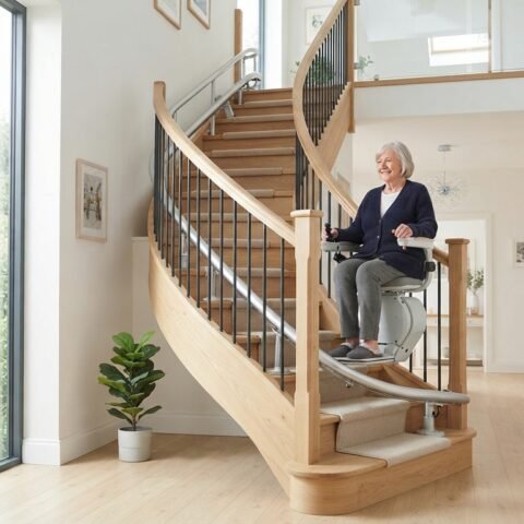 Monte-escalier moderne sur un escalier tournant, maison lumineuse
